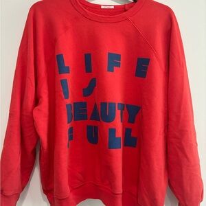 MOTHER Red Sweater with Blue Text